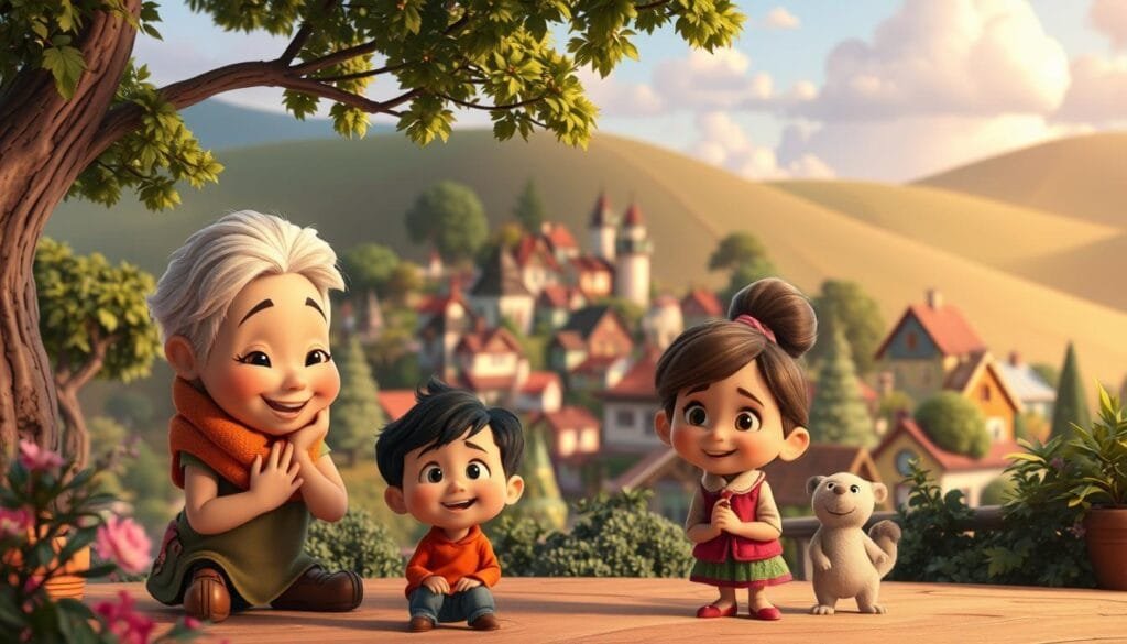 Whimsical, endearing characters inhabit a vibrant, Pixar-esque world. In the foreground, a group of protagonists with unique personalities - a cheerful, curious child, a caring, elderly mentor, and a mischievous, animal companion - engage in a warm, playful interaction. Soft, diffused lighting bathes the scene in a cozy, inviting glow, while the middle ground features a charming, stylized town with quaint, colorful buildings and lush, verdant foliage. In the background, rolling hills and a serene, cloud-dotted sky create a sense of depth and tranquility, completing the enchanting, storybook-like atmosphere. Whimsical, endearing characters inhabit a vibrant, Pixar-esque world. In the foreground, a group of protagonists with unique personalities - a cheerful, curious child, a caring, elderly mentor, and a mischievous, animal companion - engage in a warm, playful interaction. Soft, diffused lighting bathes the scene in a cozy, inviting glow, while the middle ground features a charming, stylized town with quaint, colorful buildings and lush, verdant foliage. In the background, rolling hills and a serene, cloud-dotted sky create a sense of depth and tranquility, completing the enchanting, storybook-like atmosphere.