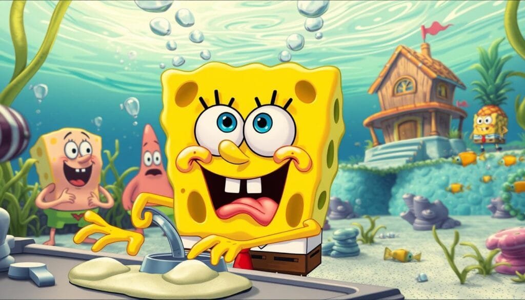 Whimsical underwater scene, Bob Sponge in the foreground engaged in a comical mishap, perhaps trying to cook or clean. Absurd, exaggerated expressions and body language. Vibrant, cartoon-like colors and textures. Middle ground features Sponge's friends like Patrick Star and Squidward Tentacles observing the chaos. Distant background shows the familiar underwater environment of Bikini Bottom, with swaying seaweed, schools of tropical fish, and the iconic pineapple house. Soft, warm lighting casts a cheerful glow. Cinematic camera angle slightly low and off-center to heighten the sense of slapstick action.