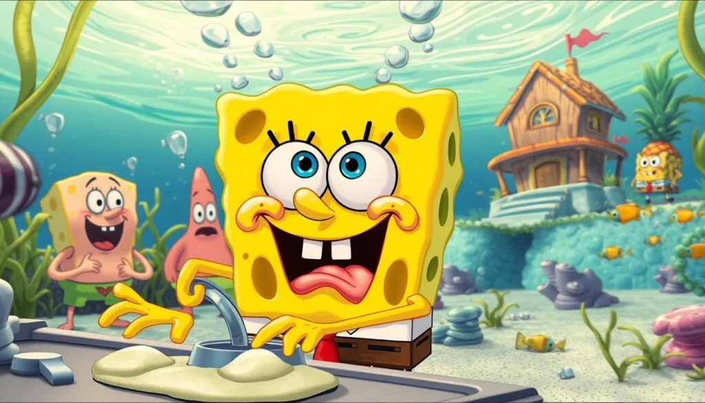 Whimsical underwater scene, Bob Sponge in the foreground engaged in a comical mishap, perhaps trying to cook or clean. Absurd, exaggerated expressions and body language. Vibrant, cartoon-like colors and textures. Middle ground features Sponge's friends like Patrick Star and Squidward Tentacles observing the chaos. Distant background shows the familiar underwater environment of Bikini Bottom, with swaying seaweed, schools of tropical fish, and the iconic pineapple house. Soft, warm lighting casts a cheerful glow. Cinematic camera angle slightly low and off-center to heighten the sense of slapstick action. Whimsical underwater scene, Bob Sponge in the foreground engaged in a comical mishap, perhaps trying to cook or clean. Absurd, exaggerated expressions and body language. Vibrant, cartoon-like colors and textures. Middle ground features Sponge's friends like Patrick Star and Squidward Tentacles observing the chaos. Distant background shows the familiar underwater environment of Bikini Bottom, with swaying seaweed, schools of tropical fish, and the iconic pineapple house. Soft, warm lighting casts a cheerful glow. Cinematic camera angle slightly low and off-center to heighten the sense of slapstick action.