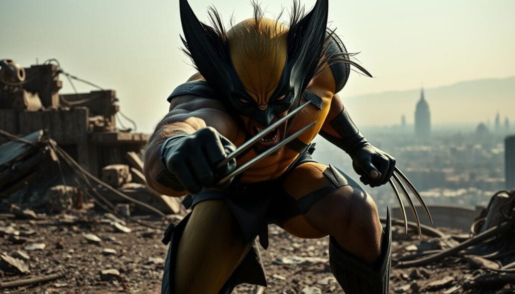 Wolverine, claws extended, lunging forward in a fierce battle stance. Gritty, high-contrast lighting casts dramatic shadows, heightening the intensity. Tattered costume billows behind him, conveying the chaos of the moment. The middle ground features a rugged, industrial backdrop of crumbling concrete and twisted metal, setting the scene for an action-packed confrontation. In the distance, a hazy cityscape fades into the background, hinting at the larger context of the narrative. The overall mood is one of raw power, determination, and the adrenaline-fueled clash of a mutant superhero in his element.
