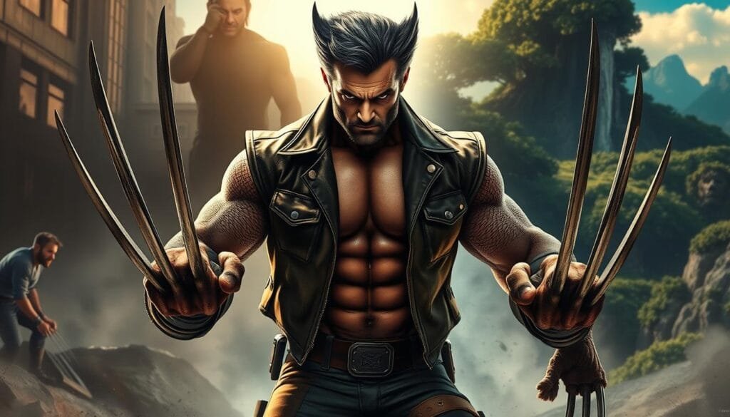Wolverine, the fierce mutant, depicted in diverse artistic styles. In the foreground, his clawed hands and intense gaze command attention, their details meticulously rendered. The middle ground showcases his muscular frame, clad in a weathered leather jacket, as he stands in a dynamic pose. In the background, the environment shifts, transitioning from a gritty, urban setting to a lush, otherworldly landscape, reflecting the character's adaptability. Lighting varies from harsh shadows to soft, ambient illumination, creating a sense of depth and atmosphere. The overall effect is a visually striking interpretation of the iconic X-Men character, capturing his power and versatility across various artistic mediums.