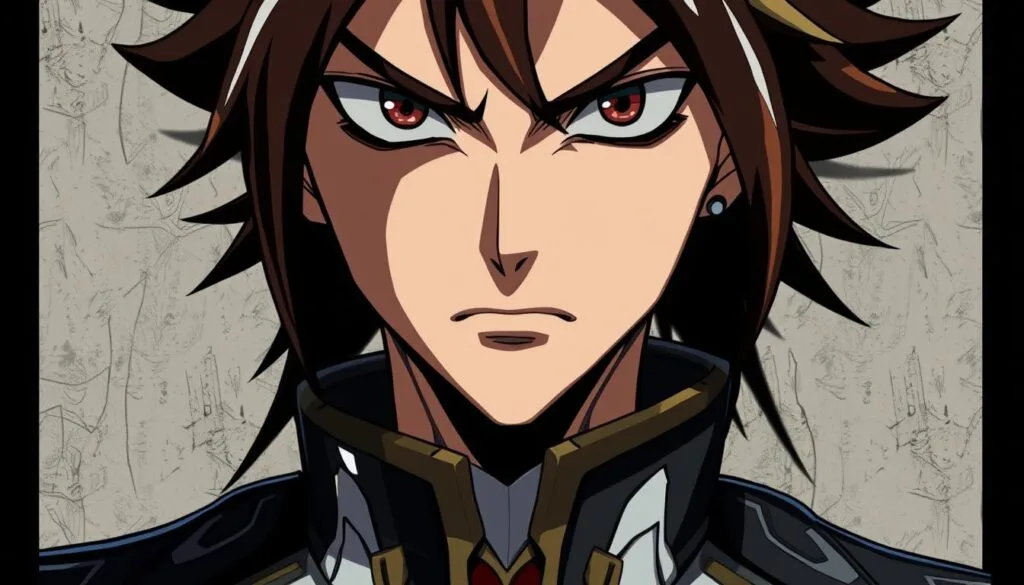 a detailed close-up portrait of an anime-style character with striking facial expressions and a unique, stylized costume design. the character has a serious, intense gaze with sharply defined features and exaggerated expressions. the costume features bold colors, intricate patterns, and a sleek, futuristic aesthetic, with dynamic, flowing elements that suggest movement and energy. the lighting is dramatic, with strong shadows and highlights that accentuate the character's features and costume details. the background is minimalist, with subtle textures and muted tones that allow the character to be the focal point. the overall effect is one of dynamic, expressive character design that captures the essence of anime art.