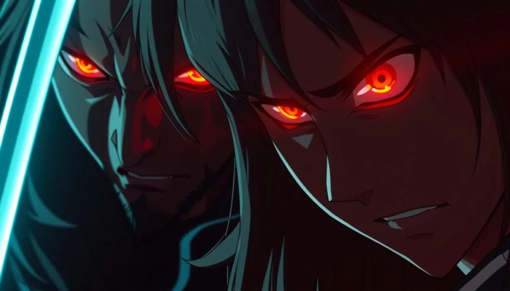close-up dramatic shots of Demon Slayer characters with intense, fiery eyes and determined expressions, lit by moody, dramatic lighting casting deep shadows across their faces, with a cinematic, high-contrast aesthetic reminiscent of a graphic novel or anime style, showcasing the characters' powerful emotions and the intensity of the Demon Slayer world