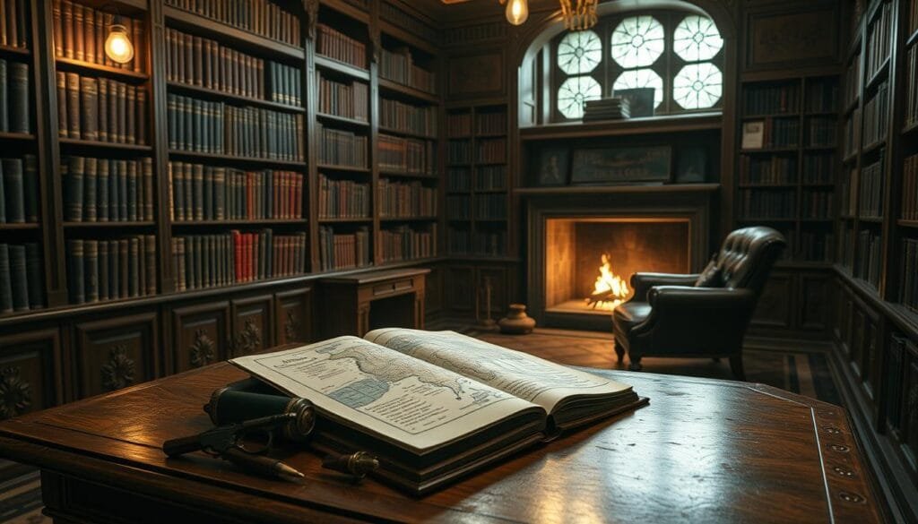 consejos avanzados para prompts de Spy x Family Una escena de interior en una biblioteca elegante y antigua, con una iluminación tenue y cálida. Sobre una mesa de madera pulida, hay un libro abierto con un mapa de espías y notas manuscritas alrededor. Detrás, en las estanterías, se ven volúmenes sobre táctica militar, contraespionaje y operaciones encubiertas. En un rincón, una silla de cuero reposa junto a una chimenea encendida, sugiriendo un ambiente reflexivo y estratégico. Los detalles son precisos y realistas, capturando la atmósfera de un cuartel general de agentes secretos que estudian formas de mejorar sus técnicas de recopilación de inteligencia.