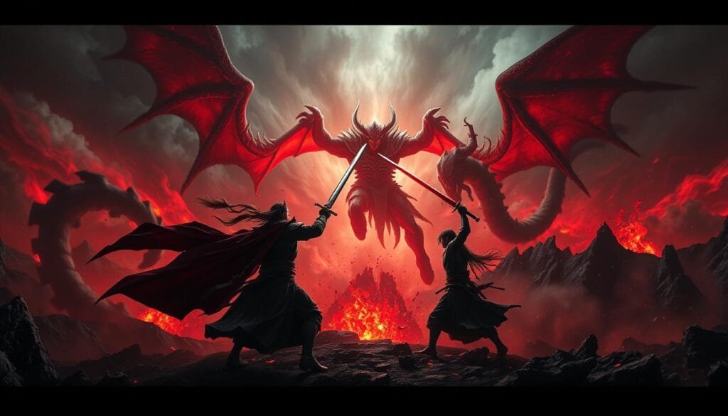 epic demonic battle scene in the style of Demon Slayer, dramatic lighting with intense shadows, foreground with two demon slayer warriors clashing swords against a towering demonic entity, mid-ground filled with billowing smoke and glowing red energy, background with a dark foreboding landscape of jagged mountains and swirling blood-red clouds, cinematic camera angle capturing the scale and ferocity of the conflict, realistic rendering with a sense of weight and impact, vibrant colors and detailed textures throughout epic demonic battle scene in the style of Demon Slayer, dramatic lighting with intense shadows, foreground with two demon slayer warriors clashing swords against a towering demonic entity, mid-ground filled with billowing smoke and glowing red energy, background with a dark foreboding landscape of jagged mountains and swirling blood-red clouds, cinematic camera angle capturing the scale and ferocity of the conflict, realistic rendering with a sense of weight and impact, vibrant colors and detailed textures throughout