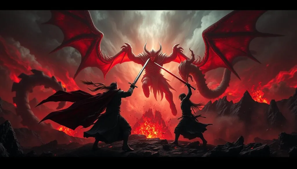 epic demonic battle scene in the style of Demon Slayer, dramatic lighting with intense shadows, foreground with two demon slayer warriors clashing swords against a towering demonic entity, mid-ground filled with billowing smoke and glowing red energy, background with a dark foreboding landscape of jagged mountains and swirling blood-red clouds, cinematic camera angle capturing the scale and ferocity of the conflict, realistic rendering with a sense of weight and impact, vibrant colors and detailed textures throughout